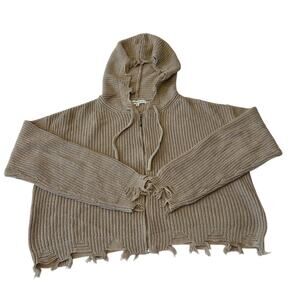 Hooked Up Hooded Zip Up Sweater Women's Size Small Fringed Cotton Blend Tan